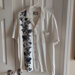 Vintage Paradise Found Hawaiian Shirt Men XL Floral Button Up Camp White w/Black